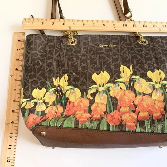 Calvin Klein Monogram Brown Floral Leather Chain Tote Bag - Picture 10 of 12